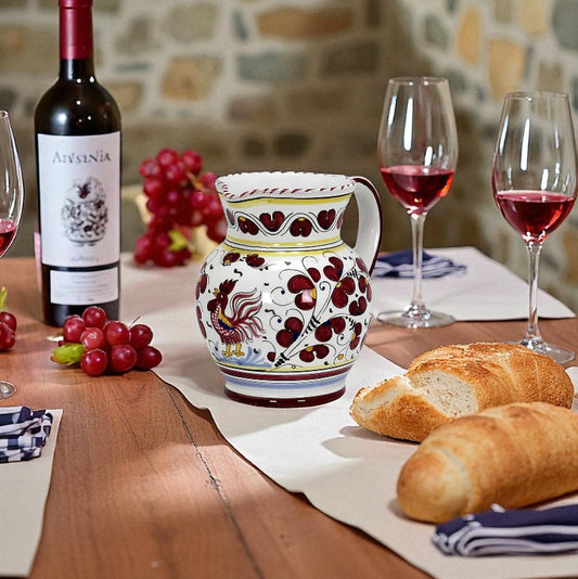 ORVIETO RED ROOSTER: Traditional Deruta Pitcher (1 Liter - 34 OZ. - 4 Cups)