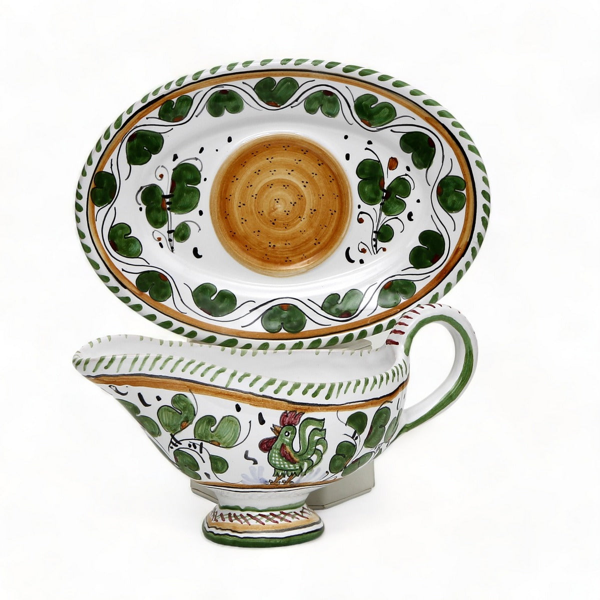 ORVIETO VERDE ROOSTER: Gravy Sauce Boat with Tray