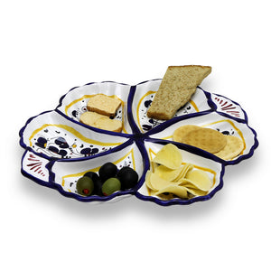 ORVIETO BLUE ROOSTER: Snack Tray Fiore/Shell - Six Compartments - DERUTA OF ITALY