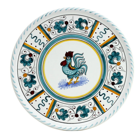 ORVIETO GREEN ROOSTER: Deruta Pizza Plate - Cake or Cheese Platter. - DERUTA OF ITALY