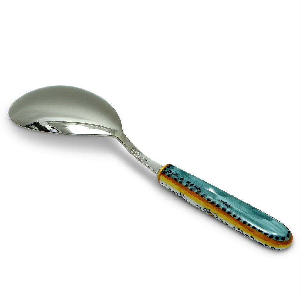 Ricco Deruta Deluxe: Ceramic Handle Spaghetti Tong and Risotto Spoon Ladle Set with 18/10 Stainless Steel Cutlery.