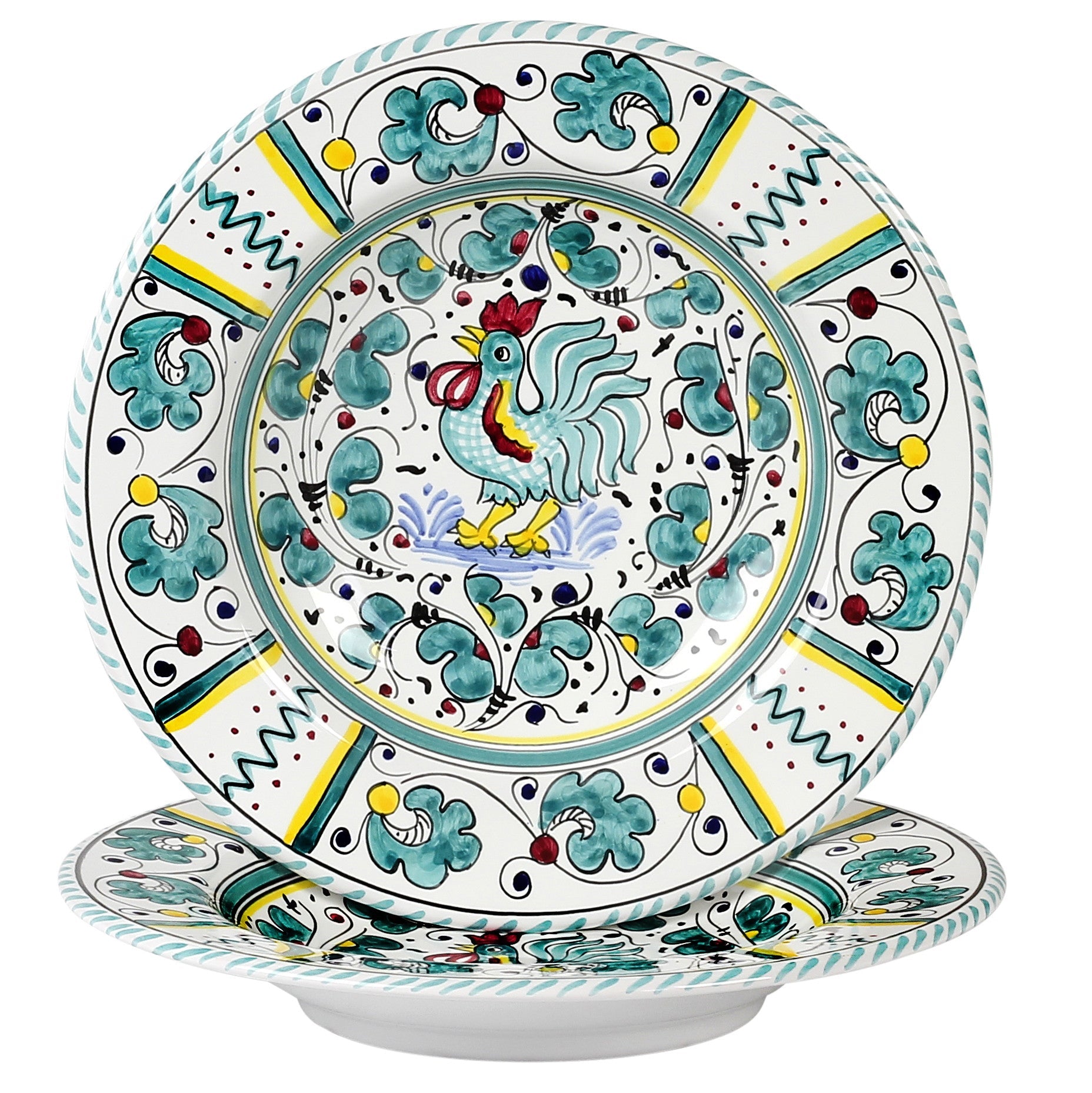 ORVIETO GREEN ROOSTER: Pasta/Soup Rimmed Bowl Plate