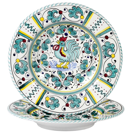 ORVIETO GREEN ROOSTER: Pasta/Soup Rimmed Bowl Plate