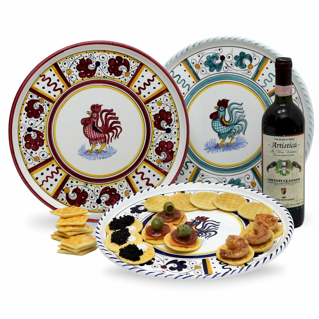 ORVIETO GREEN ROOSTER: Deruta Pizza Plate - Cake or Cheese Platter. - Artistica.com