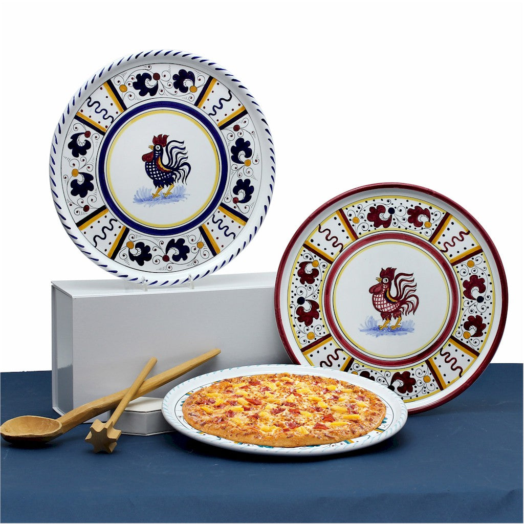 ORVIETO BLUE ROOSTER: Deruta Pizza Plate - Cake or Cheese Platter. [R] - Artistica.com