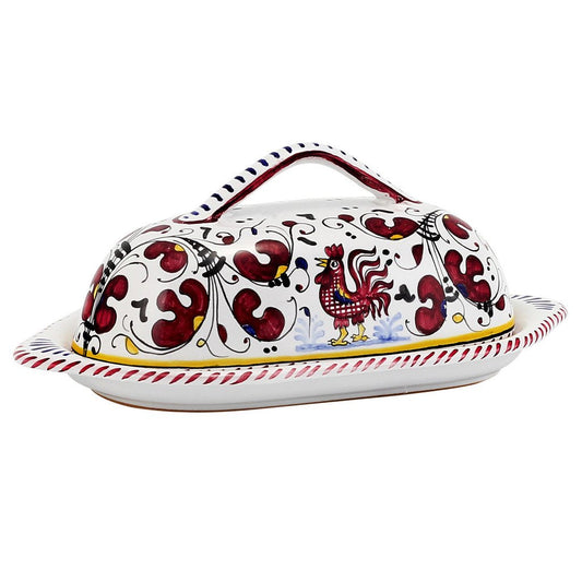 ORVIETO RED ROOSTER: Oval Butter Dish with Cover