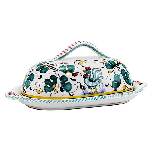 ORVIETO GREEN ROOSTER: Oval Butter Dish with Cover