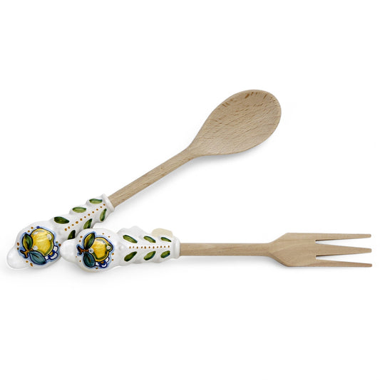 UTENSIL SET: LEMON Design - Hard Wood with Hand Painted Ceramic Handle (Pair Set)