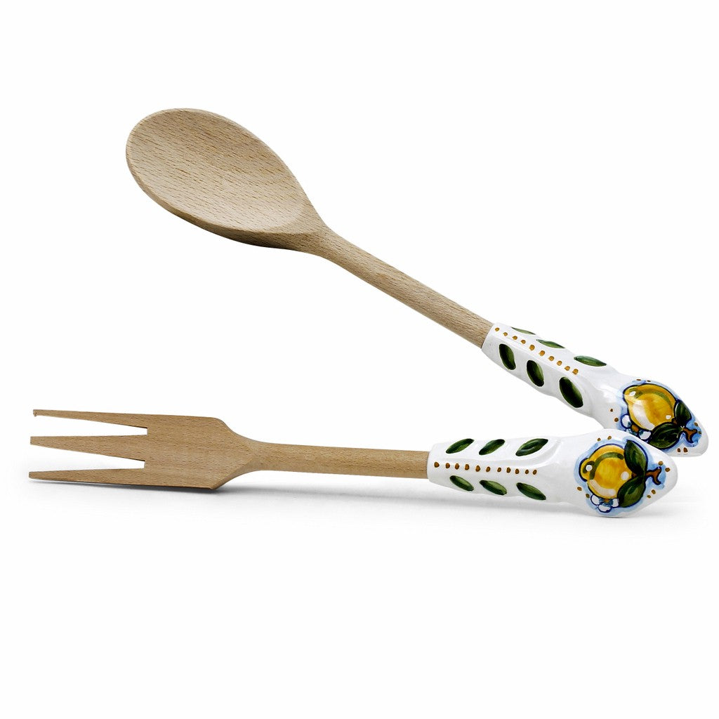 UTENSIL SET: LEMON Design - Hard Wood with Hand Painted Ceramic Handle (Pair Set) - Artistica.com