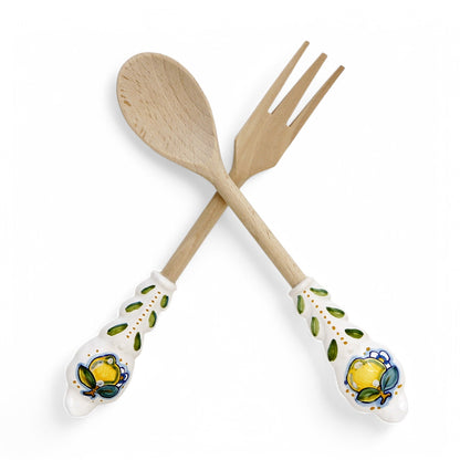 UTENSIL SET: LEMON Design - Hard Wood with Hand Painted Ceramic Handle (Pair Set)