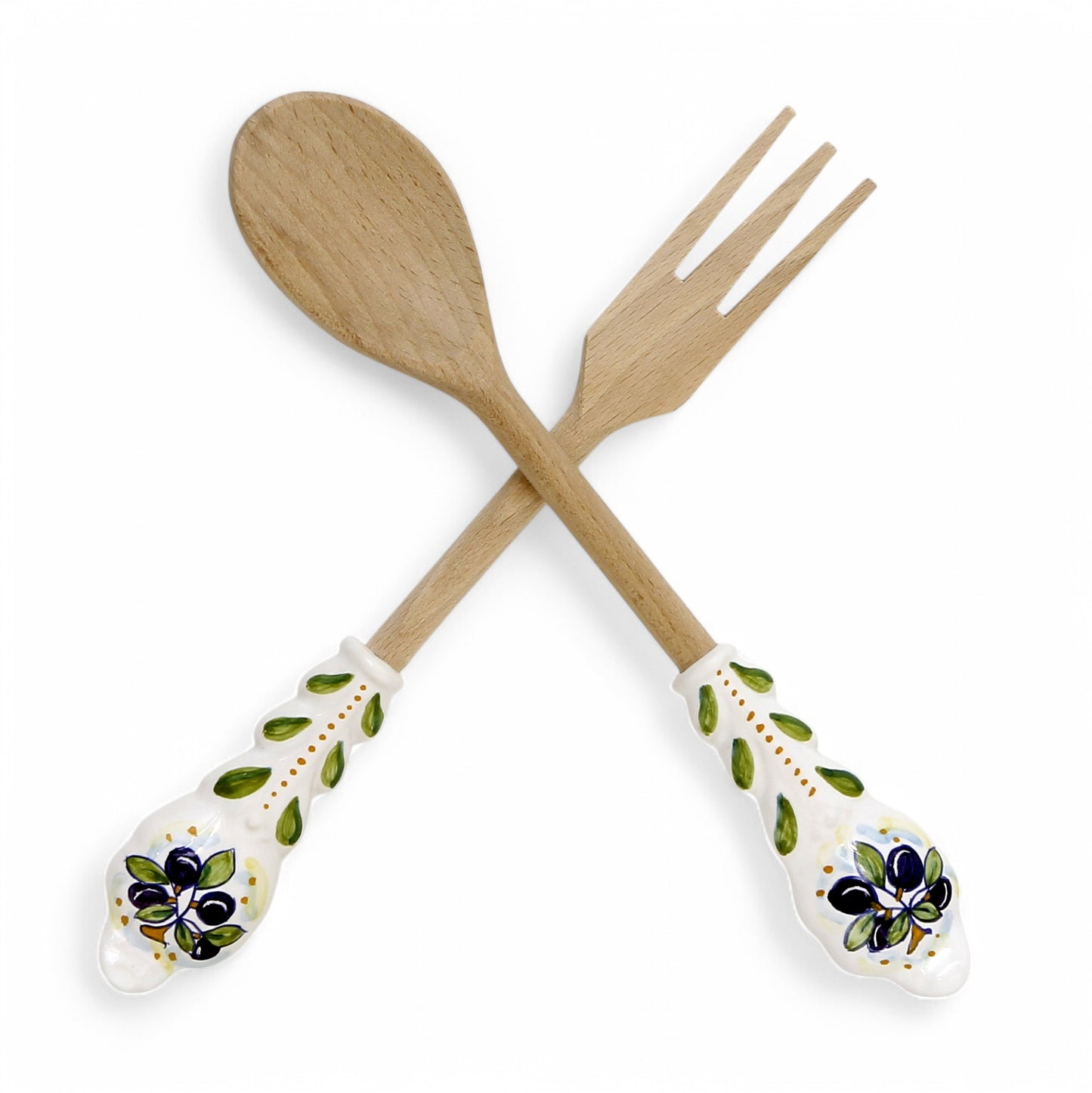 UTENSIL SET: OLIVE Design - Hard Wood with Hand Painted Ceramic Handle (Pair Set)