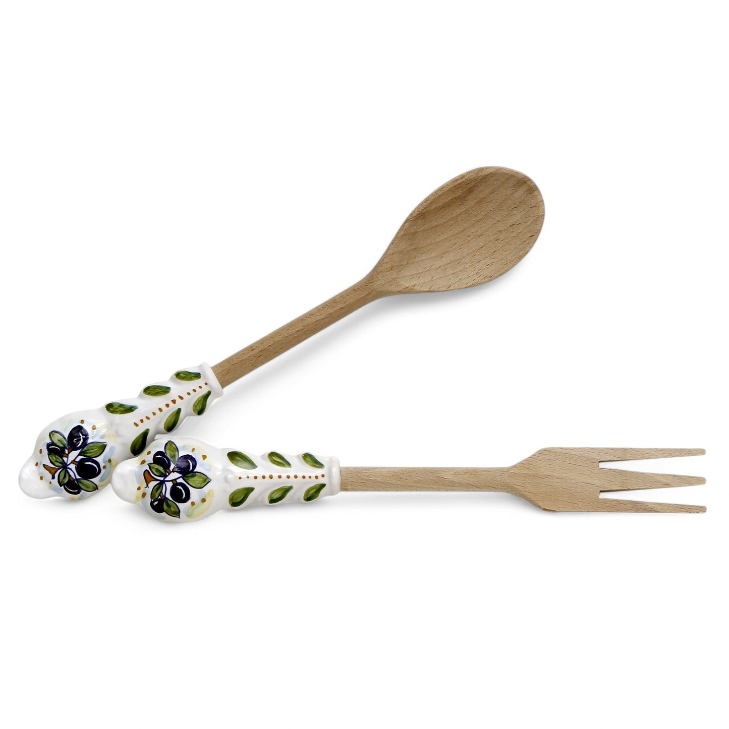 UTENSIL SET: OLIVE Design - Hard Wood with Hand Painted Ceramic Handle (Pair Set)