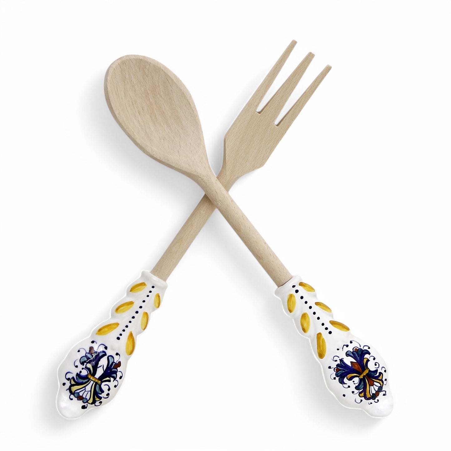 UTENSIL SET: RICCO DERUTA Design - Hard Wood with Hand Painted Ceramic Handle (Pair Set)