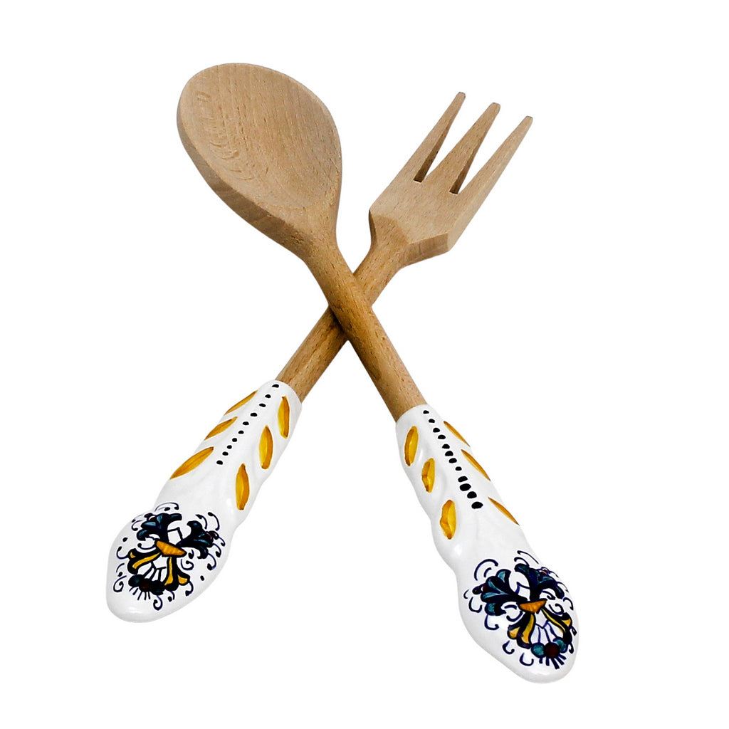 UTENSIL SET: RICCO DERUTA Design - Hard Wood with Hand Painted Ceramic Handle (Pair Set) - Artistica.com