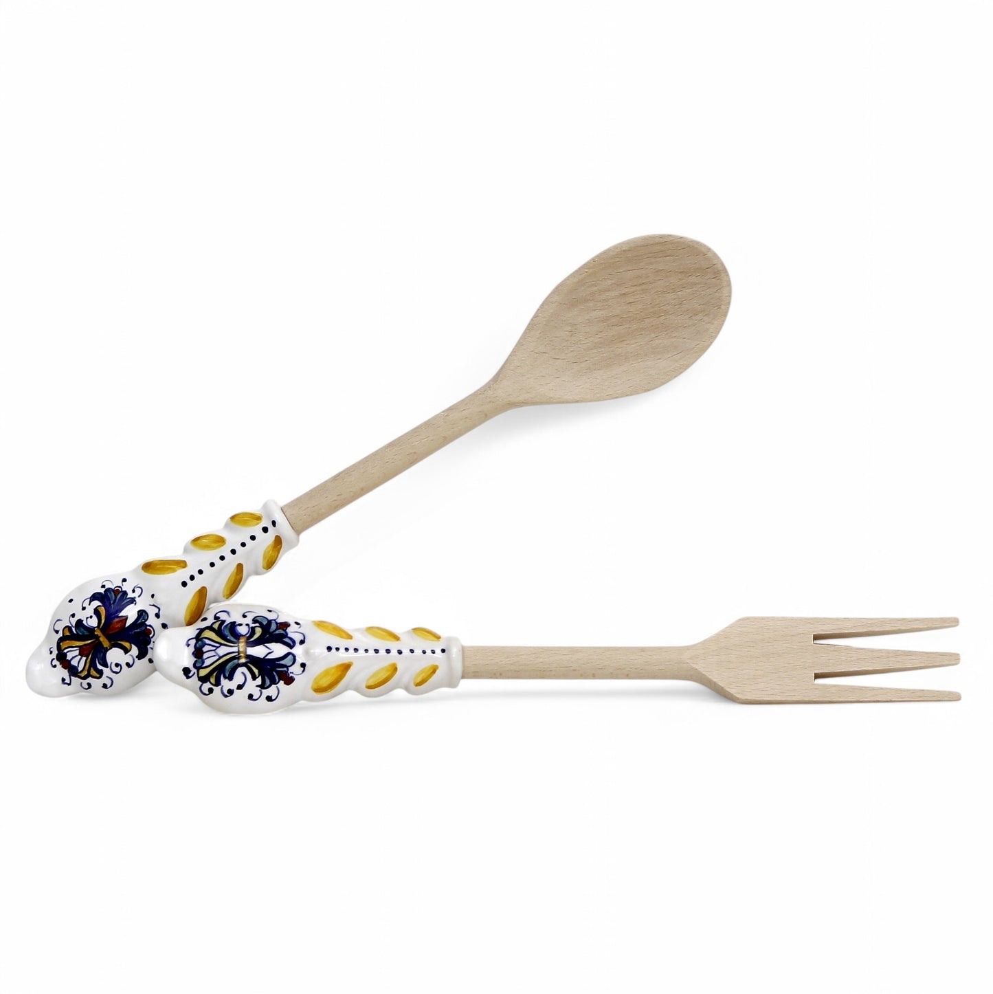 UTENSIL SET: RICCO DERUTA Design - Hard Wood with Hand Painted Ceramic Handle (Pair Set)