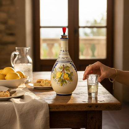 LIMONCELLO: Bottle for Limoncello with Metal Pourer - Blue design (Limoncello liquor not included)