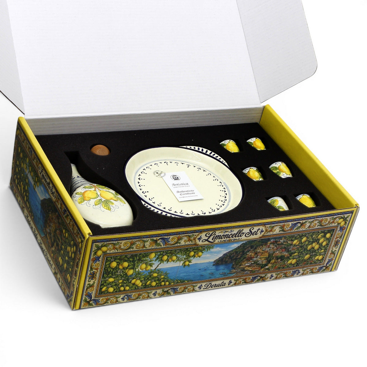 LIMONCELLO DELUXE GIFT BOX: Exclusive Deluxe Gift Box with Ceramic Decanter + Tray + 6 Cups