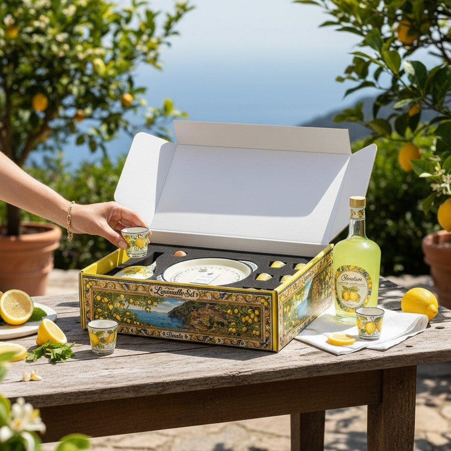 LIMONCELLO DELUXE GIFT BOX: Exclusive Deluxe Gift Box with Ceramic Decanter + Tray + 6 Cups