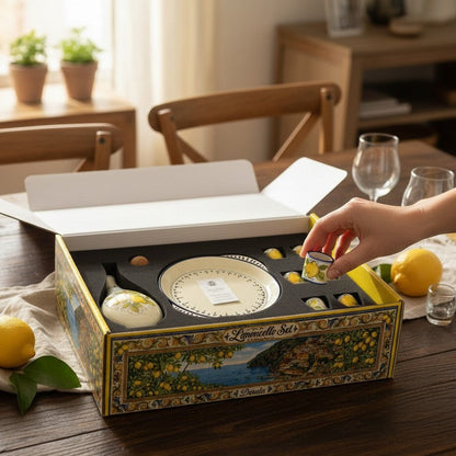 LIMONCELLO DELUXE GIFT BOX: Exclusive Deluxe Gift Box with Ceramic Decanter + Tray + 6 Cups