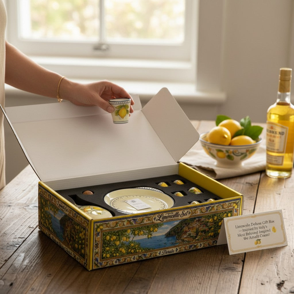 LIMONCELLO DELUXE GIFT BOX: Exclusive Deluxe Gift Box with Ceramic Decanter + Tray + 6 Cups