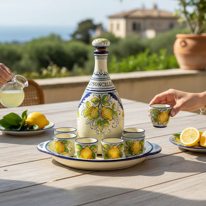 LIMONCELLO: Limoncello Set with Blue trimmings - Bottle with stopper and Tray and 6 Shot Glasses -  (Limoncello liquor not included)
