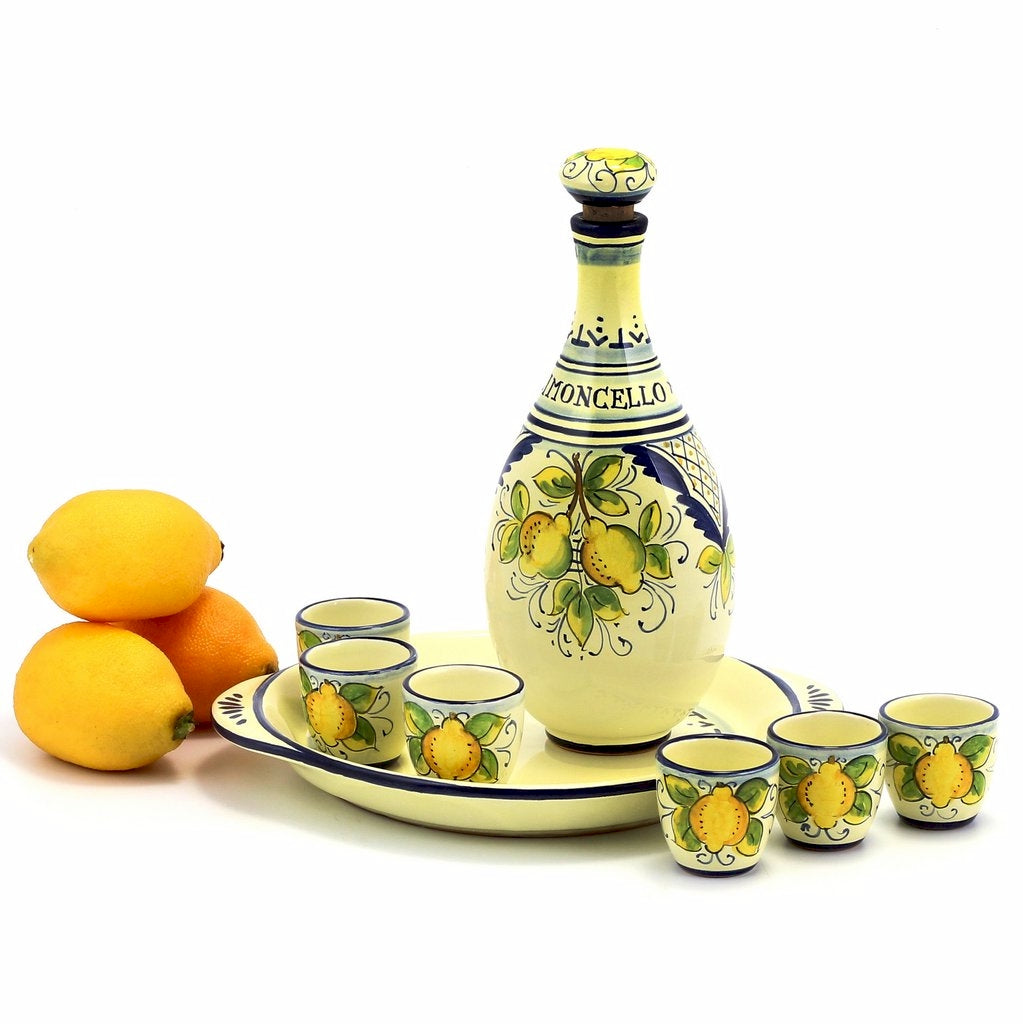LIMONCELLO: Limoncello Set with Blue trimmings (Bottle with stopper and Tray and 6 Shot Glasses) - Artistica.com