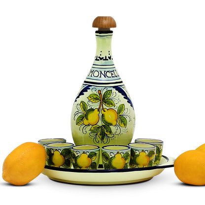 LIMONCELLO: Limoncello Set with Blue trimmings - Bottle with stopper and Tray and 6 Shot Glasses -  (Limoncello liquor not included)