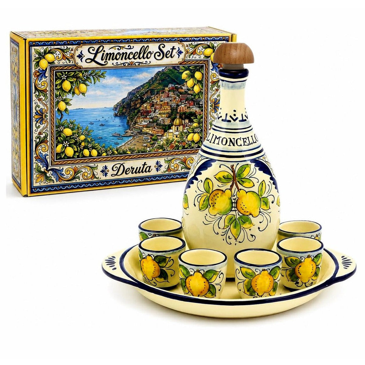LIMONCELLO DELUXE GIFT BOX: Exclusive Deluxe Gift Box with Ceramic Decanter + Tray + 6 Cups