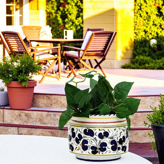 ORVIETO BLUE ROOSTER: Cylindrical Cover Pot - Cachepot Planter (Small)