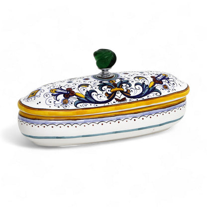 JEWERLY BOX: Authentic Deruta Keepsake Oval Box with Murano Knob - RICCO DERUTA design