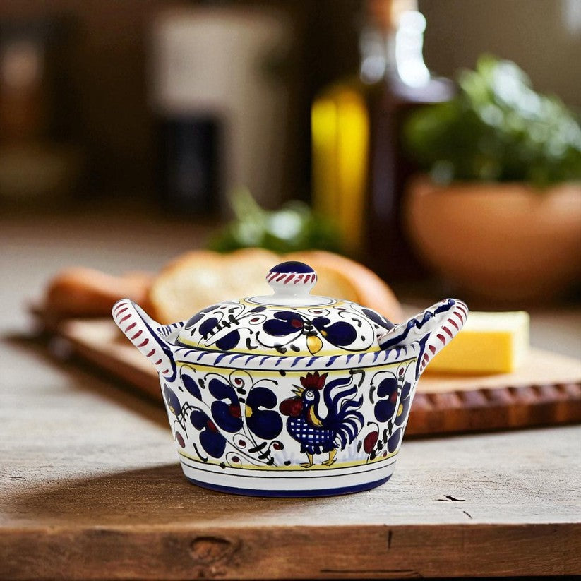 ORVIETO BLUE ROOSTER: Covered Parmesan Cheese Bowl with Spoon