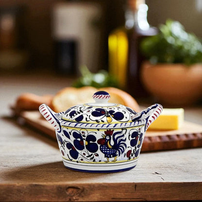 ORVIETO BLUE ROOSTER: Covered Parmesan Cheese Bowl with Spoon