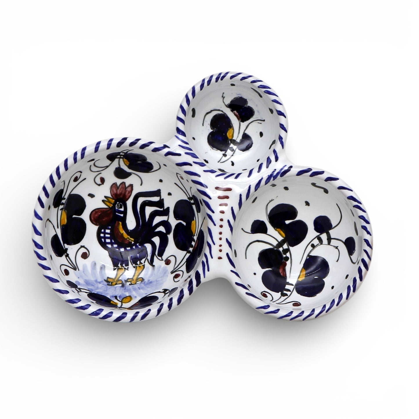 ORVIETO BLUE ROOSTER: Olive Dish Bowl - Relish, Condiments, Olive and Nuts THREE PARTS divided bowl