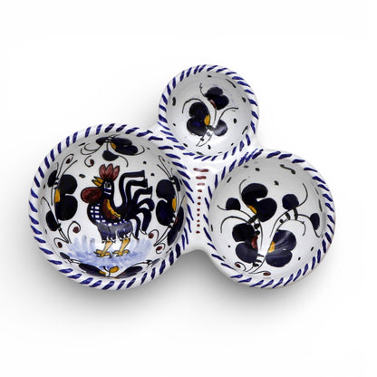 ORVIETO BLUE ROOSTER: Olive Dish Bowl - Relish, Condiments, Olive and Nuts THREE PARTS divided bowl