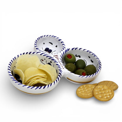 ORVIETO BLUE ROOSTER: Olive Dish Bowl - Relish, Condiments, Olive and Nuts THREE PARTS divided bowl