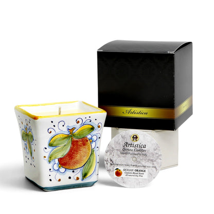 SICILIAN ORANGE CANDLE: Deruta Hand Painted Square Flared Candle with Sicilian Orange Design & Scent
