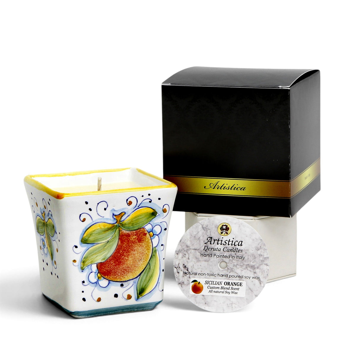 SICILIAN ORANGE & POSITANO LEMON CANDLES: Deruta Hand Painted Square Flared Candle with Sicilian Orange and Positano Lemon Design & Scent