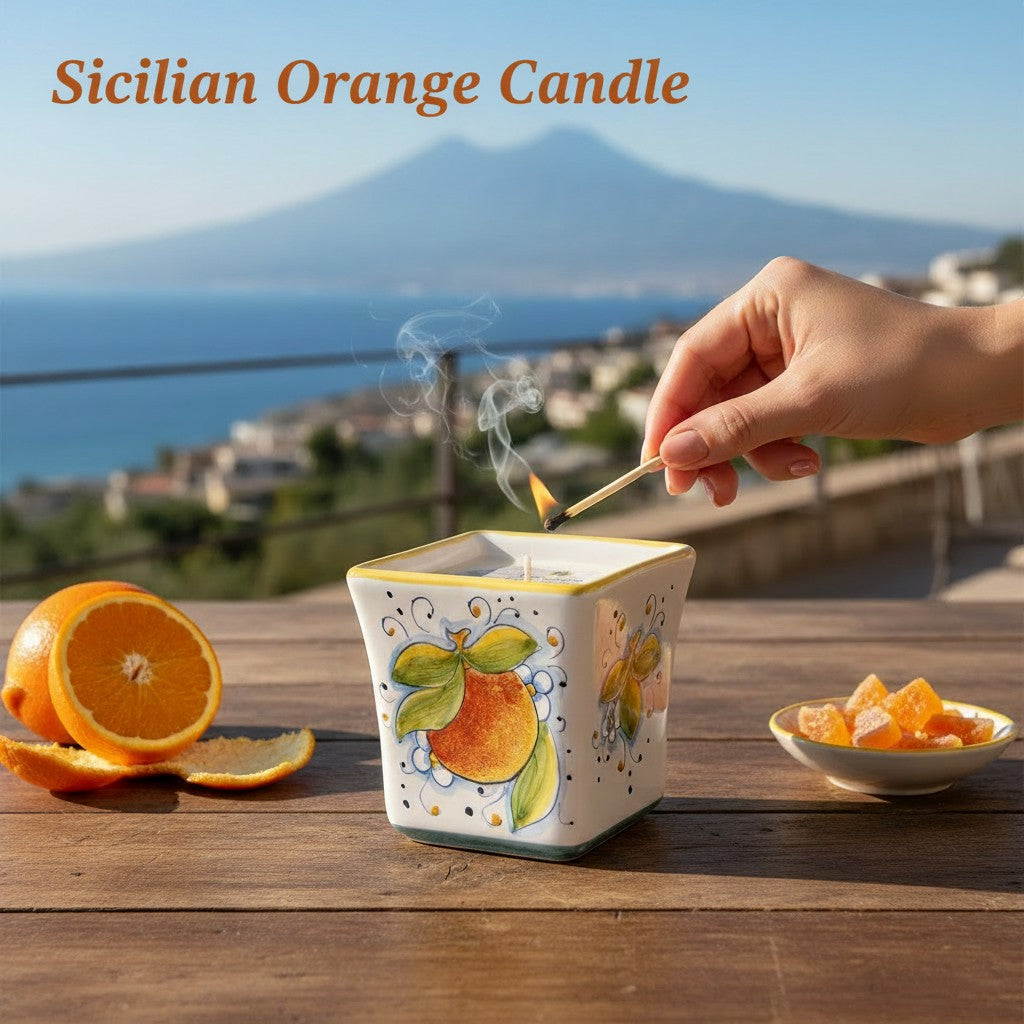 SICILIAN ORANGE CANDLE: Deruta Hand Painted Square Flared Candle with Sicilian Orange Design & Scent