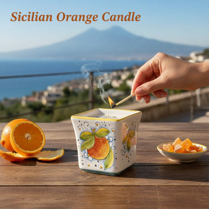 SICILIAN ORANGE CANDLE: Deruta Hand Painted Square Flared Candle with Sicilian Orange Design & Scent