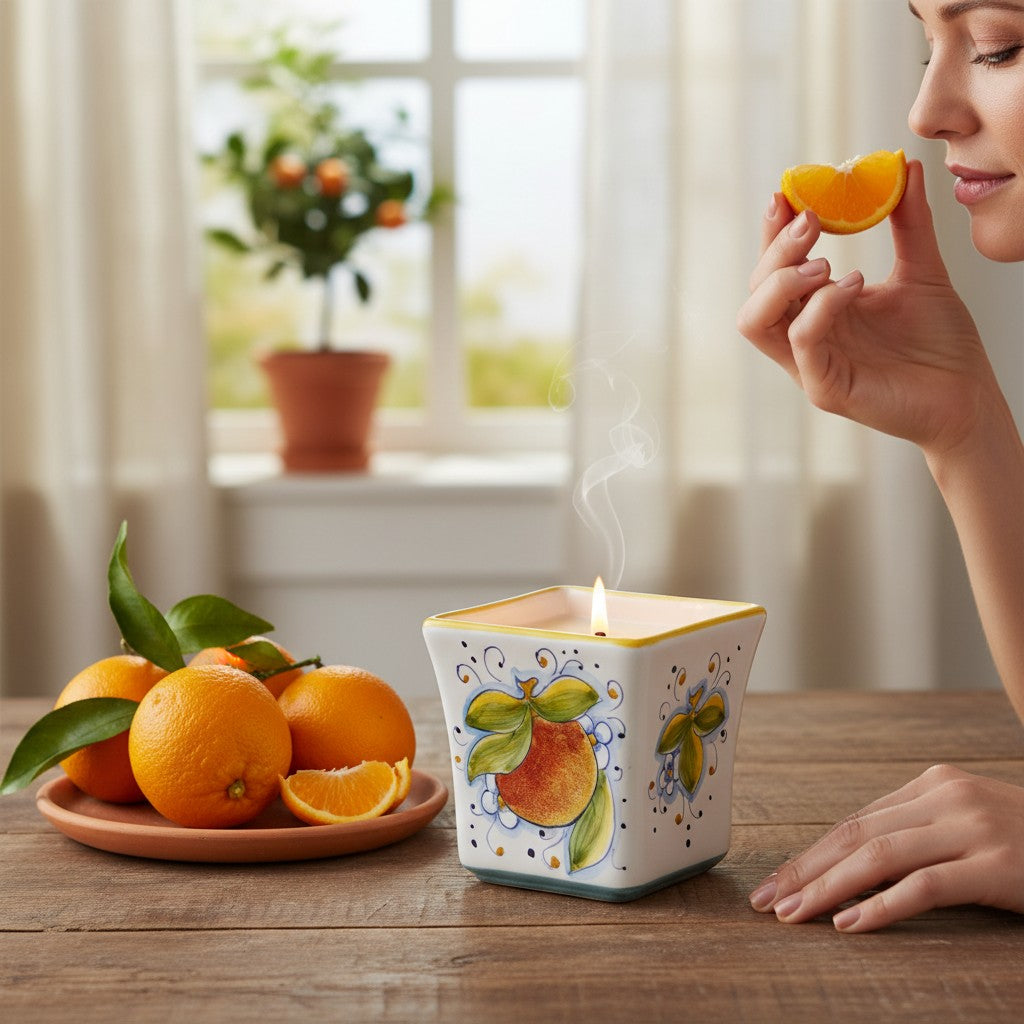 SICILIAN ORANGE CANDLE: Deruta Hand Painted Square Flared Candle with Sicilian Orange Design & Scent