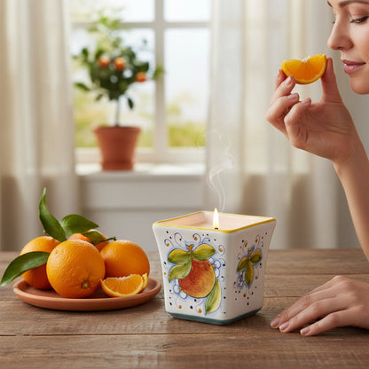 SICILIAN ORANGE CANDLE: Deruta Hand Painted Square Flared Candle with Sicilian Orange Design & Scent