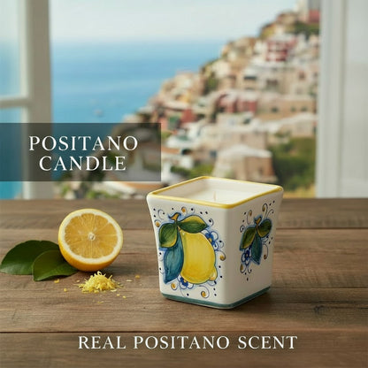 POSITANO LEMON CANDLE: Deruta Hand Painted Square Flared Candle with Positano Limoni Design & Scent