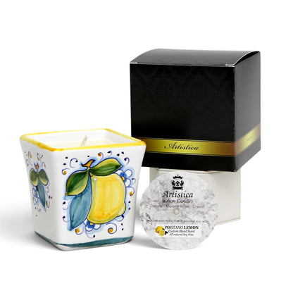 POSITANO LEMON CANDLE: Deruta Hand Painted Square Flared Candle with Positano Limoni Design & Scent