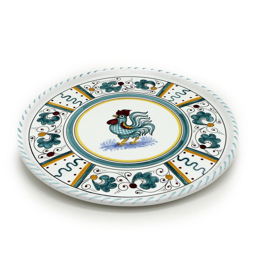 ORVIETO GREEN ROOSTER: Deruta Pizza Plate - Cake or Cheese Platter. - Artistica.com