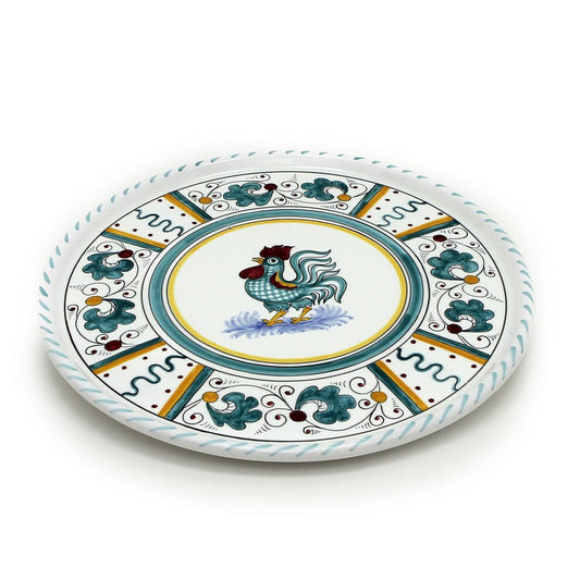 ORVIETO GREEN ROOSTER: Deruta Pizza Plate - Cake or Cheese Platter. - Artistica.com