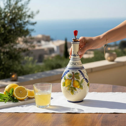 LIMONCELLO: Bottle for Limoncello with Metal Pourer - Blue design (Limoncello liquor not included)