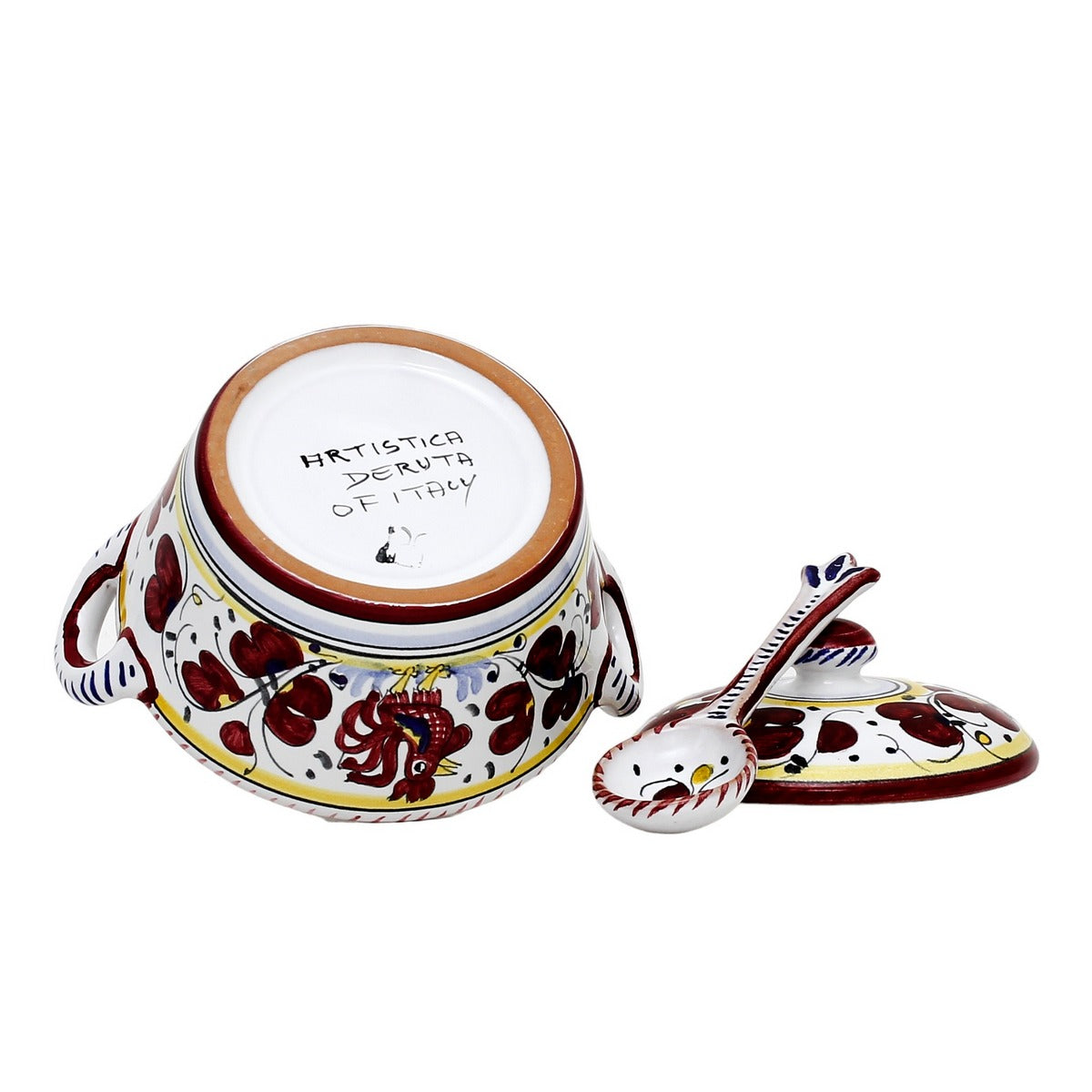 ORVIETO RED ROOSTER: Covered Parmesan Cheese Bowl with Spoon [STRIPED RIM] - Artistica.com