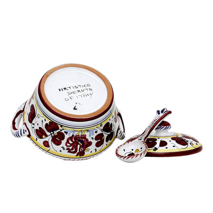 ORVIETO RED ROOSTER: Covered Parmesan Cheese Bowl with Spoon [STRIPED RIM] - Artistica.com