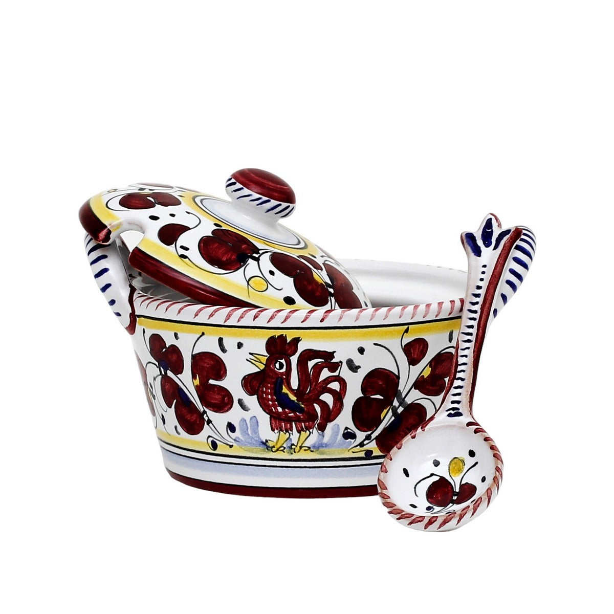 ORVIETO RED ROOSTER: Covered Parmesan Cheese Bowl with Spoon [STRIPED RIM] - Artistica.com