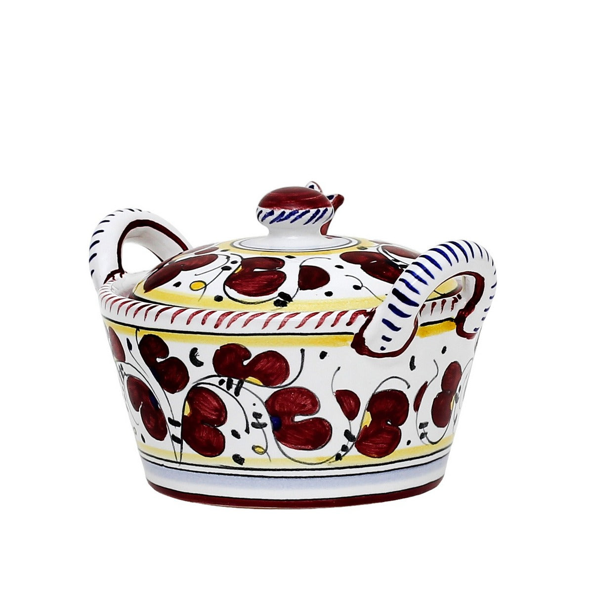 ORVIETO RED ROOSTER: Covered Parmesan Cheese Bowl with Spoon [STRIPED RIM] - Artistica.com